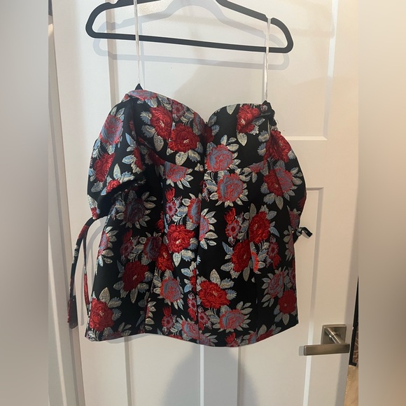 Lovers + Friends Allie Black Red Blue Floral Metallic Mini Off Shoulder Dress - Picture 3 of 8